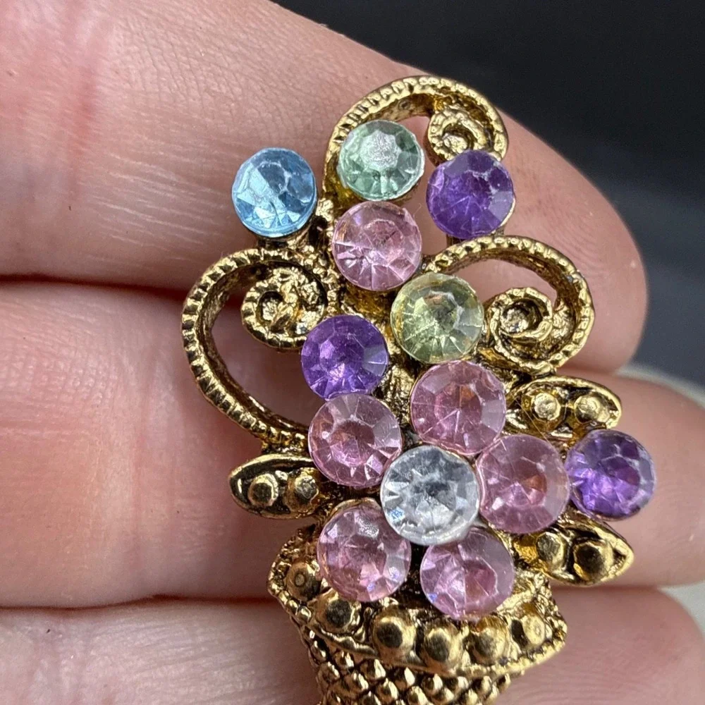 Vintage Rhinestone Brooch Flower‎ Basket Fruit Salad Gold Tone Pastel